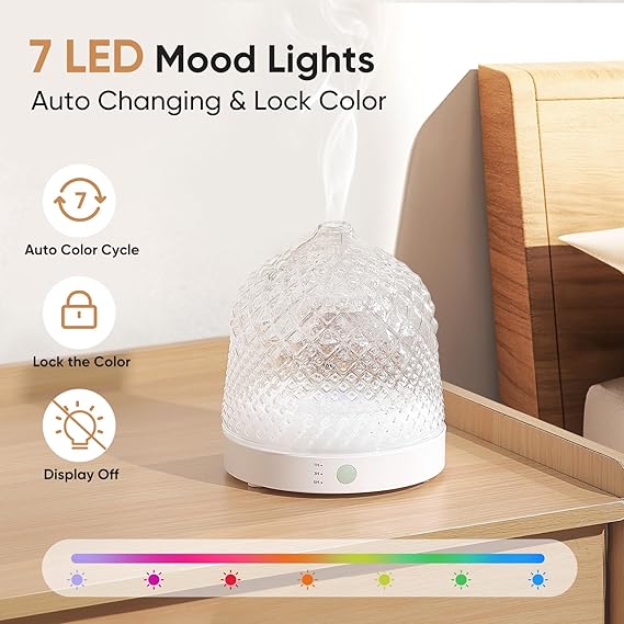 Glass Essential Oil Diffuser, 200ml Ultrasonic Aroma Diffusers with Glass Reservoir Dome & White Plastic Base Lock Color Auto-Off Timer 7 Color Light for Home Office Bedroom Yoga - Image 5