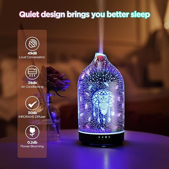 Essential Oil Diffuser Hand Blown Glass Aromatherapy Diffuser - Ultrasonic Cool Mist Scent Aroma Diffuser, Whisper Quiet with Auto Shut-Off, Timer Setting &7 Colors Night Light for Home - Image 5