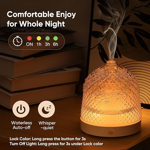 Glass Essential Oil Diffuser, 200ml Ultrasonic Aroma Diffusers with Glass Reservoir Dome & White Plastic Base Lock Color Auto-Off Timer 7 Color Light for Home Office Bedroom Yoga - Image 4