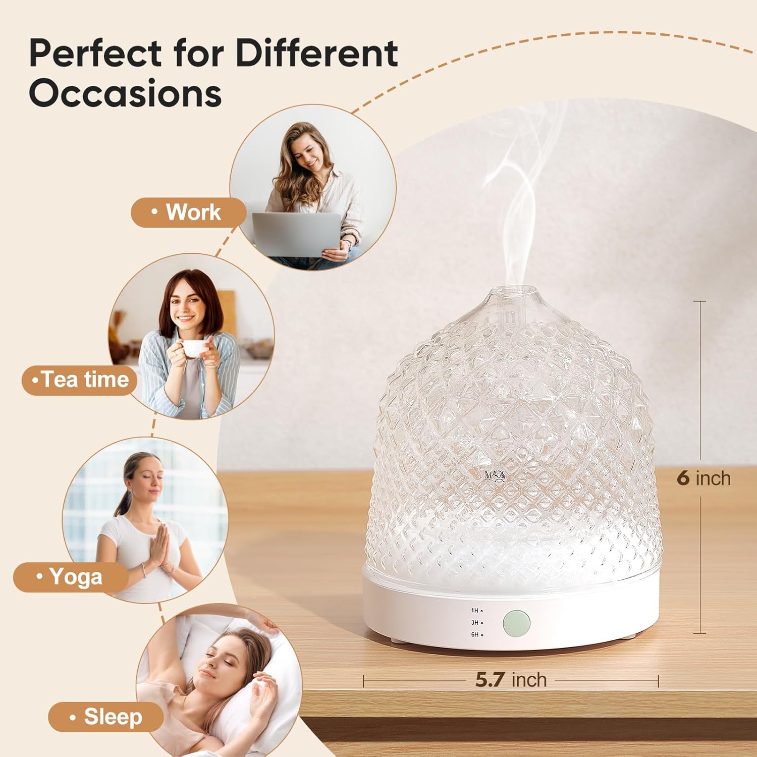 Glass Essential Oil Diffuser, 200ml Ultrasonic Aroma Diffusers with Glass Reservoir Dome & White Plastic Base Lock Color Auto-Off Timer 7 Color Light for Home Office Bedroom Yoga - Image 7