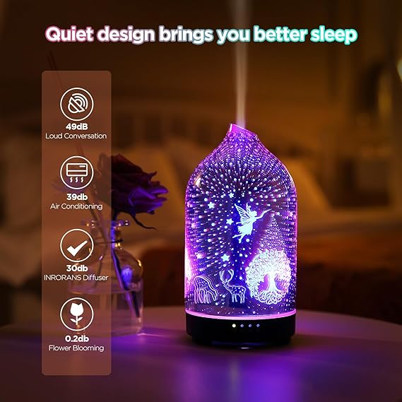 Essential Oil Diffuser Hand Blown Glass Aromatherapy Diffuser - Ultrasonic Cool Mist Scent Aroma Diffuser, Whisper Quiet with Auto Shut-Off, Timer Setting &7 Colors Night Light for Home - Image 4