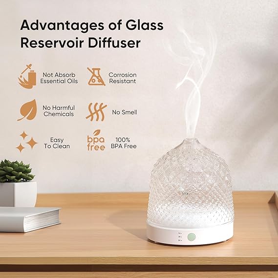 Glass Essential Oil Diffuser, 200ml Ultrasonic Aroma Diffusers with Glass Reservoir Dome & White Plastic Base Lock Color Auto-Off Timer 7 Color Light for Home Office Bedroom Yoga - Image 3